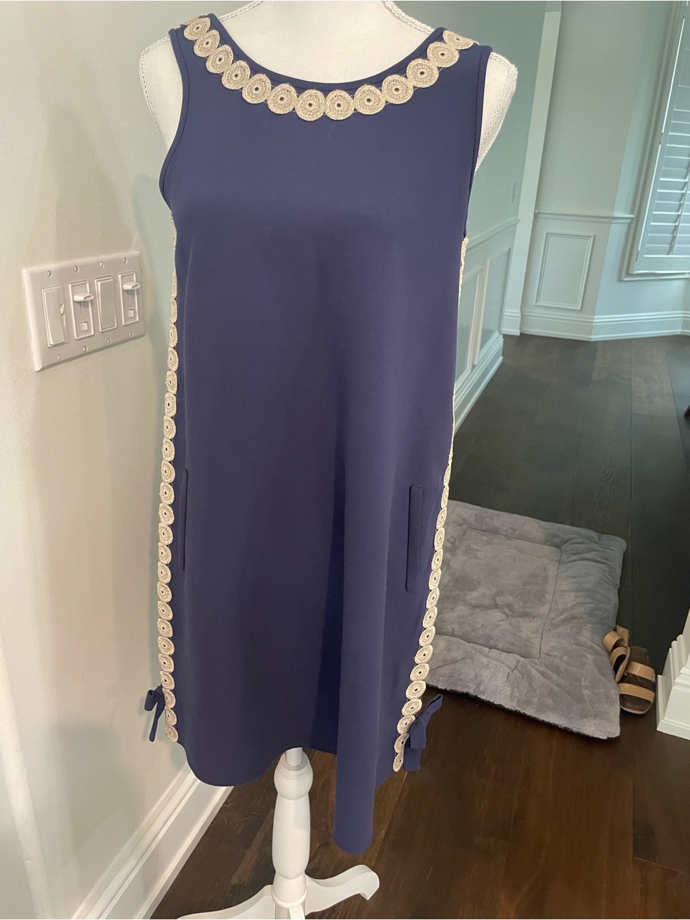 Navy Sleeveless Shift Dress with Crochet Trim